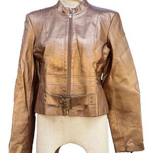 {ROCAWEAR} Jacket Gold Leather Motorcycle/Racer Zip Buckles Lined ~L